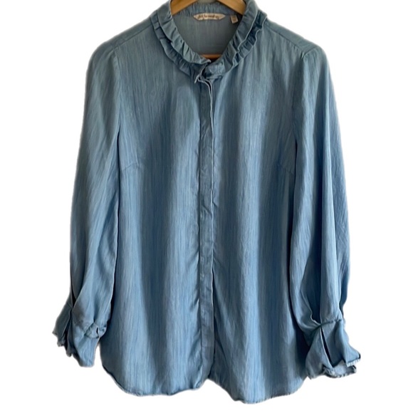 Soft Surroundings chambray Tencel Ruffle Collar Sleeve Button Down - Picture 1 of 10